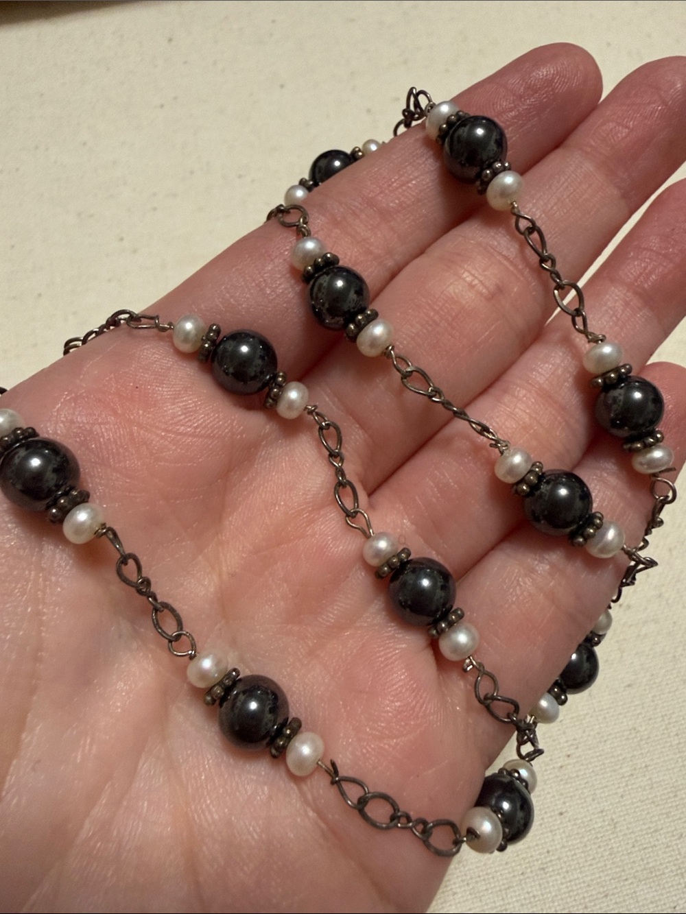 Sterling Silver 925 Pearl and Hematite Bead Station Necklace 18’ inch